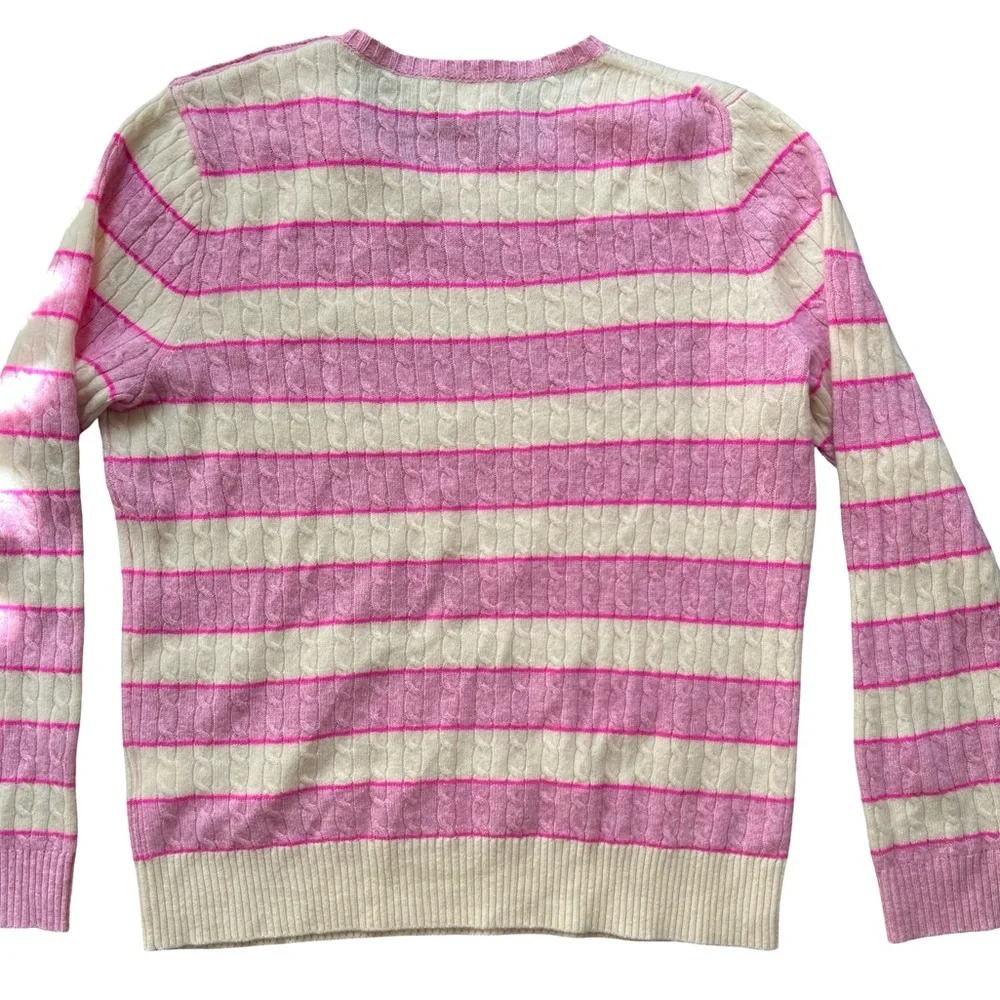 J.Crew Cable-knit Cashmere Crewneck Sweater Pink White Stripe Shoulder Buttons M - Picture 3 of 8